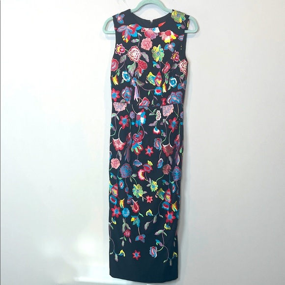 Monique Lhuillier Sonya Like New Dress Black Floral Embroidered Colorful Midi - Picture 4 of 13